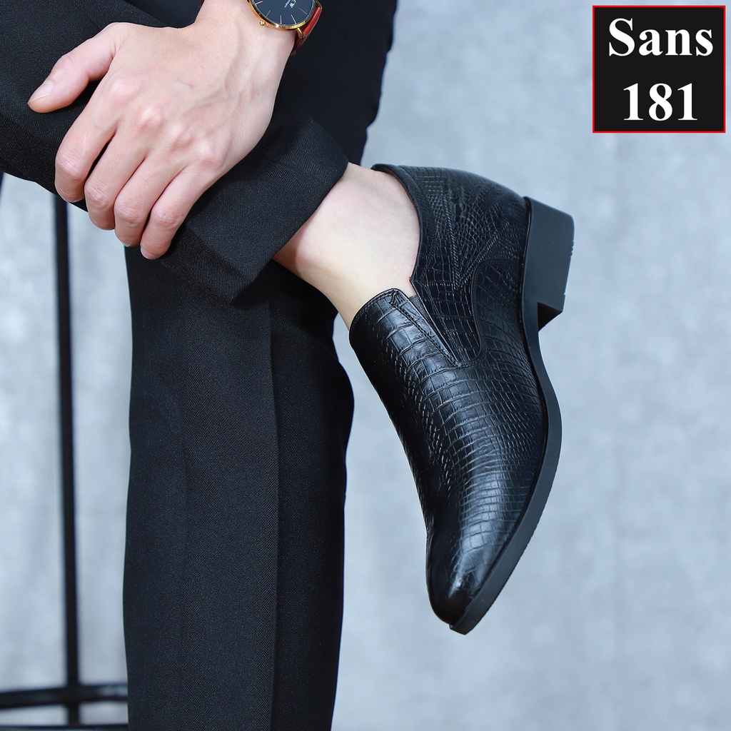 Giày tây da bò thật tăng chiều cao 6cm Sans181 giầy công sở nam lười âu dập vân cá sấu độn đế nâng gót chú rể mặc vest