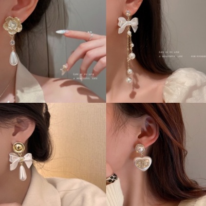 Bông Tai Mạ Bạc 925 Hình Nơ Đính Ngọc Trai Dáng Dài Phong Cách Hàn Quốc Thời Trang Cho Nữ