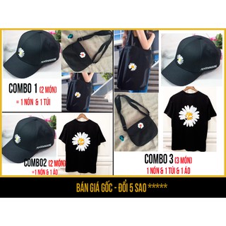 Combo mũ nón lưỡi trai, áo thun unisex, túi tote, túi đeo chéo hình hoa cúc họa mi - Săn Nón Đẹp