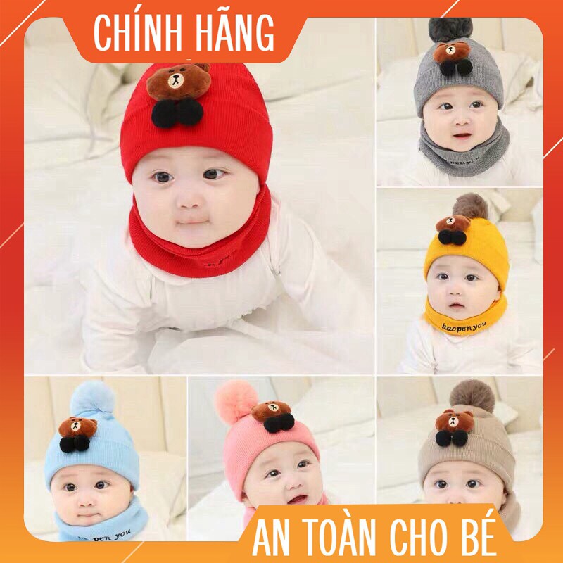 Bộ mũ + khăn len gấu Brown cho bé