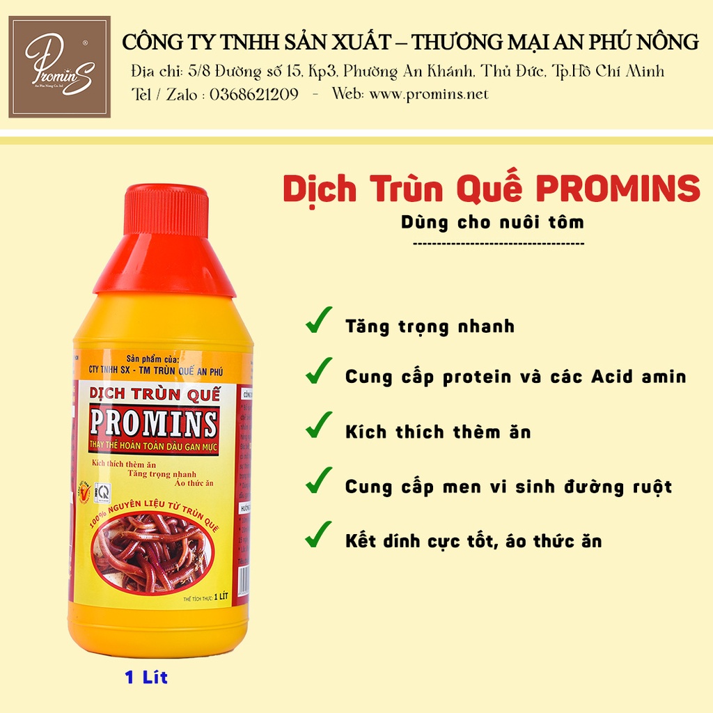 DỊCH TRÙN QUẾ DÙNG CHO TÔM, CÁ PROMINS CHAI 1 LIT
