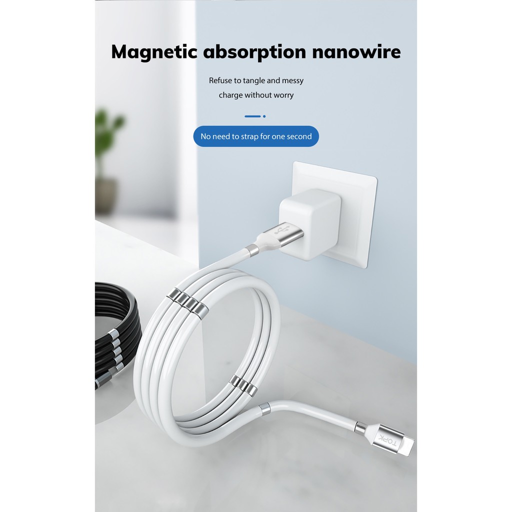 Dây cáp sạc Topk AN07 đầu nam châm truyền dữ liệu sạc nhanh có thể thu vào chống rối,dành cho iphone,android