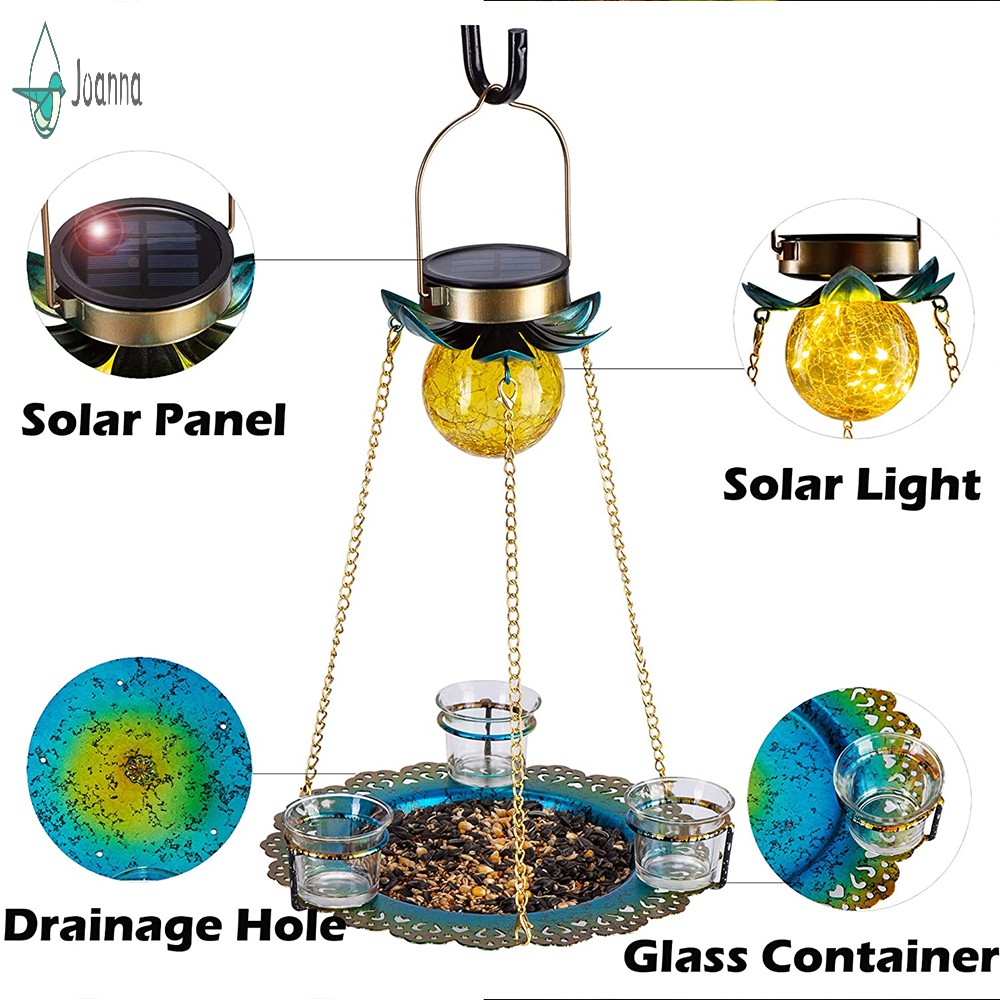 Solar Powered Birds Feeder Outdoor Hanging Waterproof Birds Food Tray Garden Metal Flower Decorative LED Lighting