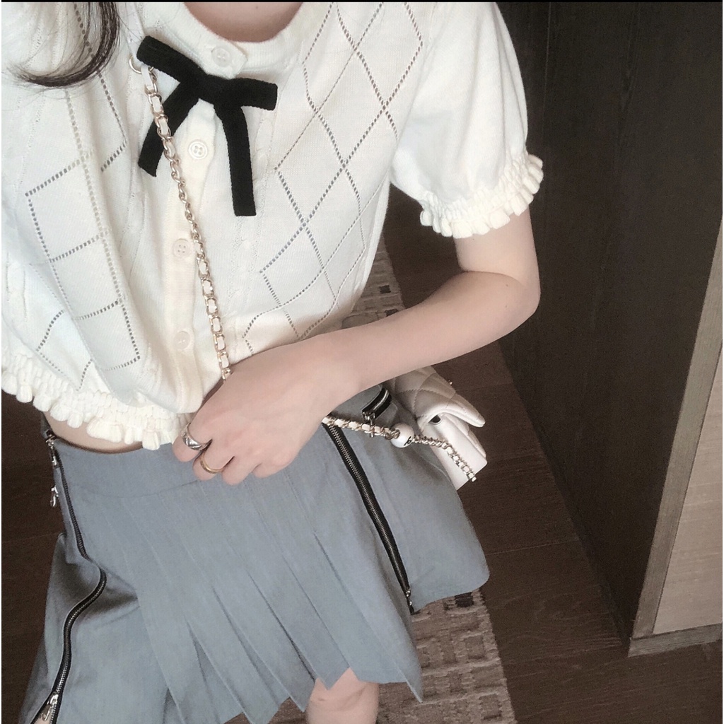 Áo Len Tay Ngắn Màu Trắng Phom Ngắn Croptop Cổ Đính Nơ AL11