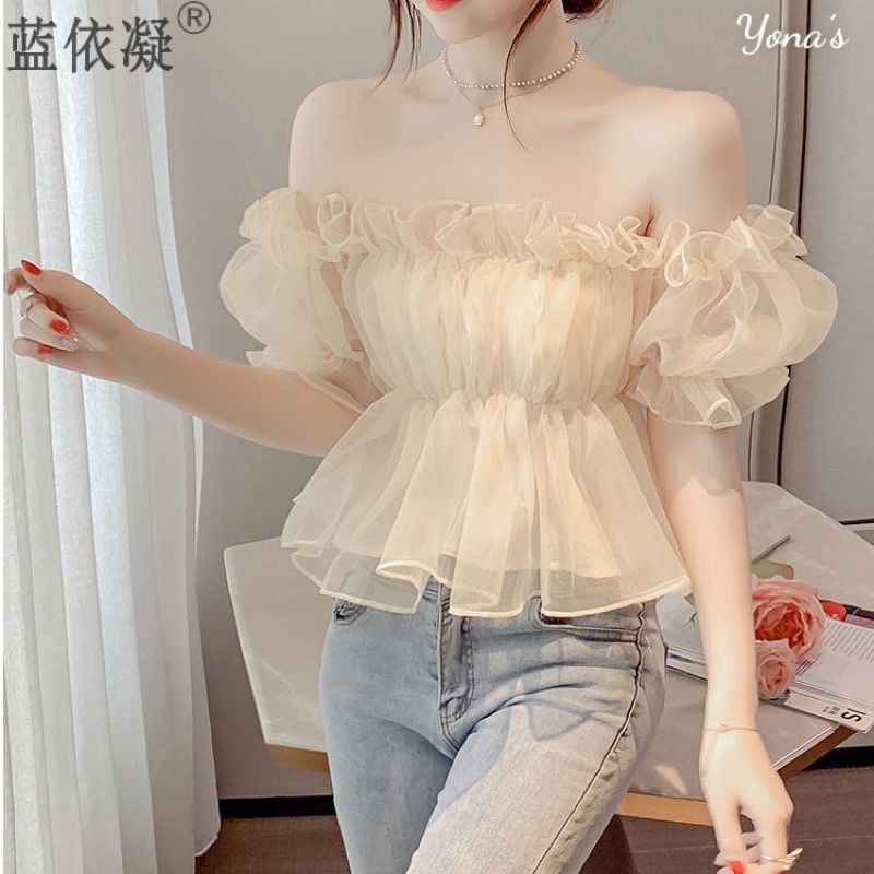 Áo croptop trễ vai tay bồng bánh bèo mùa hè 2 màu siêu cưng A1