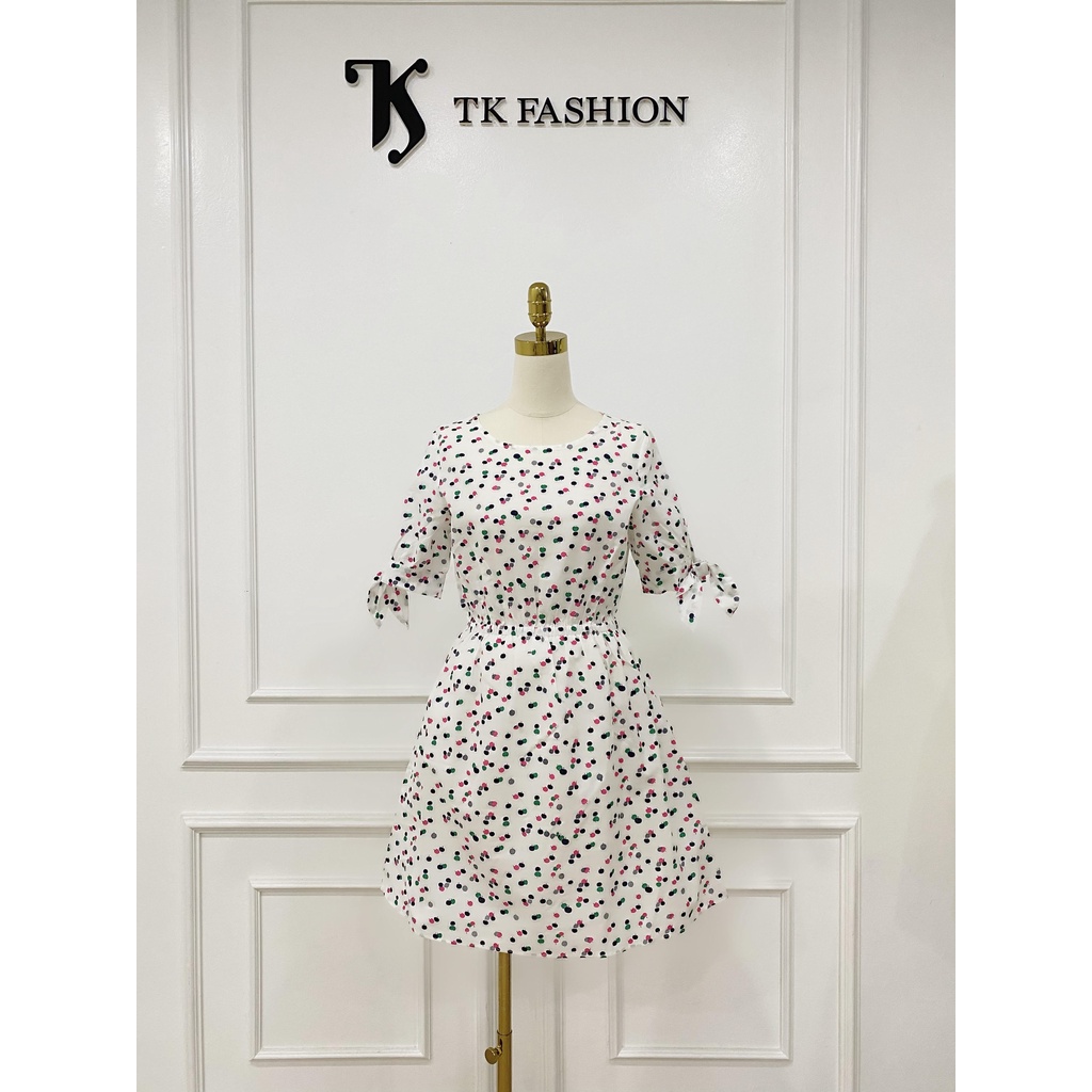 Đầm ngắn tay đính nơ, dáng xòe, tiểu thư, thiết kế cao cấp TK Fashion - DK394