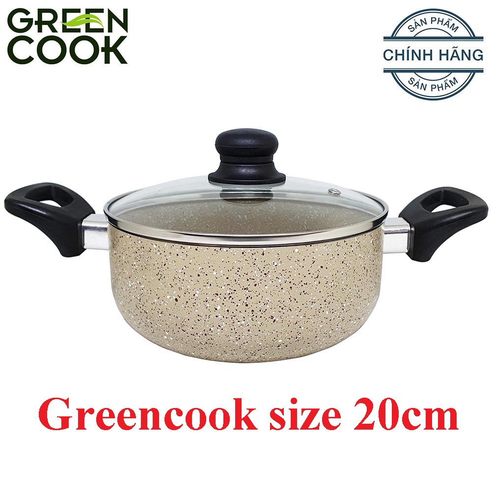 Nồi vân đá phủ chống dính GreenCook GCS03/Happycook 16cm nắp kính cường lực size 16/20cm sâu 9cm - CT167