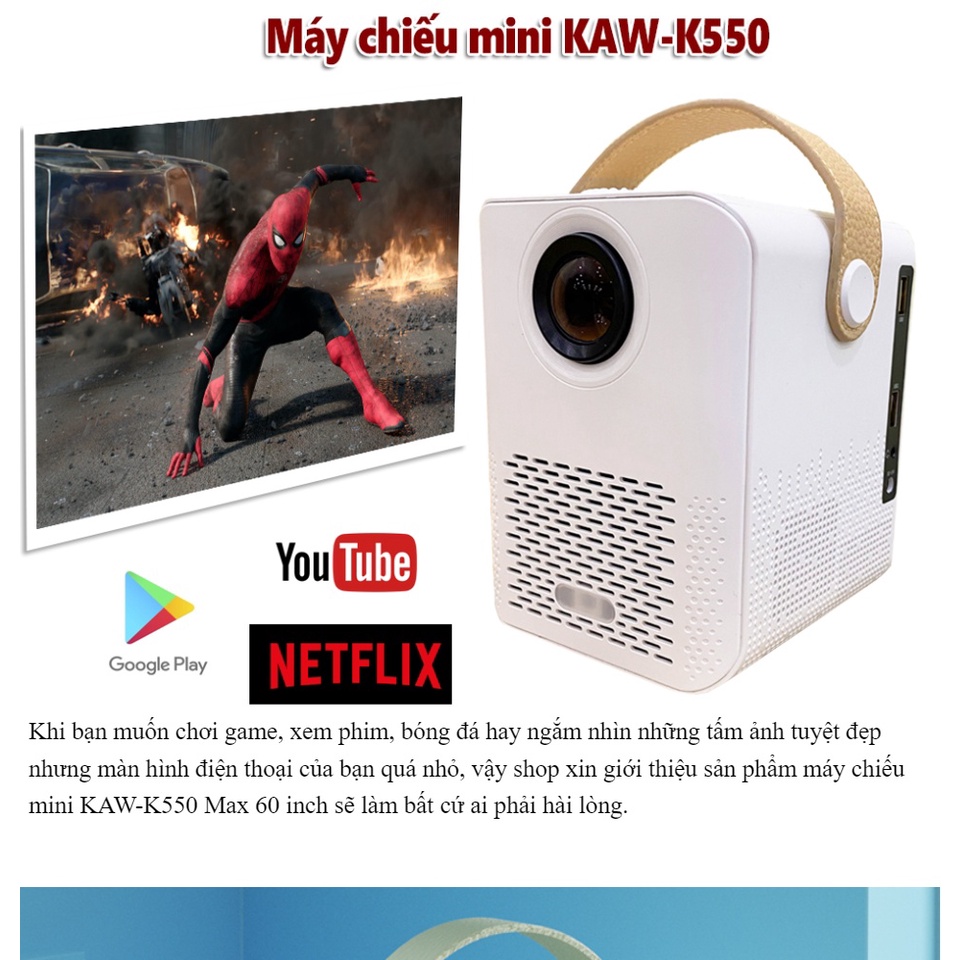 Máy chiếu gia đình -Máy chiếu mini KAW-K550 Full HD 1080p 60 inch Hình ảnh chân thực sắc nét âm thanh sống động