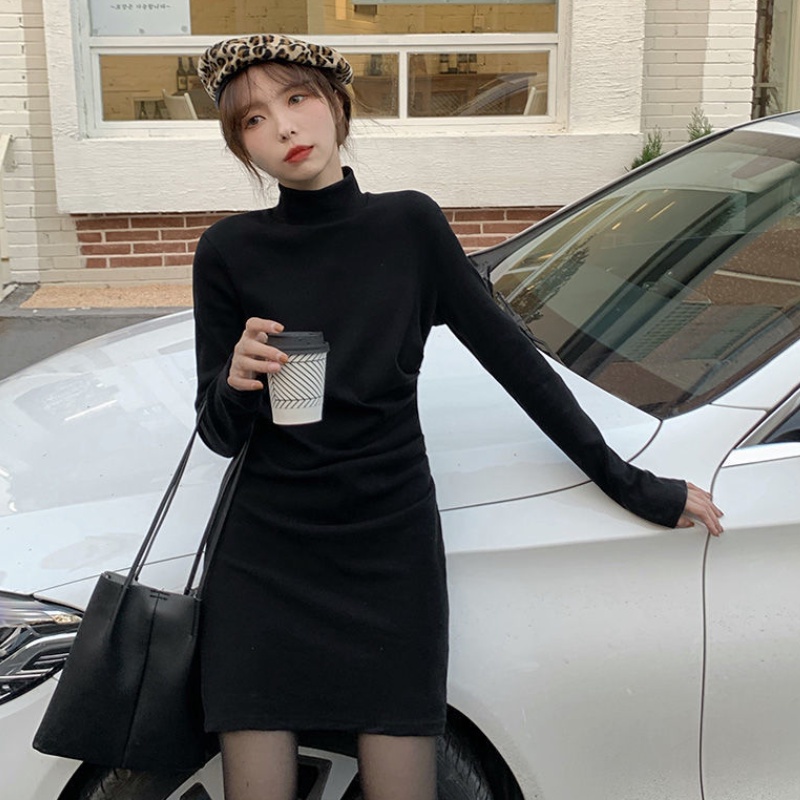 Đầm dệt kim Perty cổ cao dáng ôm thời trang mùa thu phong cách Hàn Quốc cho nữ