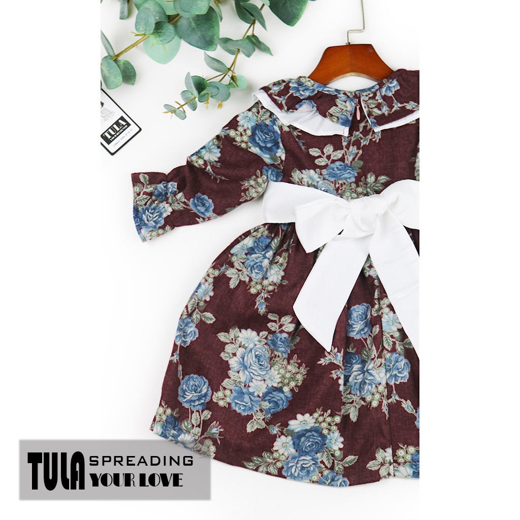 Váy Đầm Bé Gái Vải Thô Cào Bông Nhập Hàn Quốc Họa Tiết Chùm Hoa Xanh Nền Đô Đậm