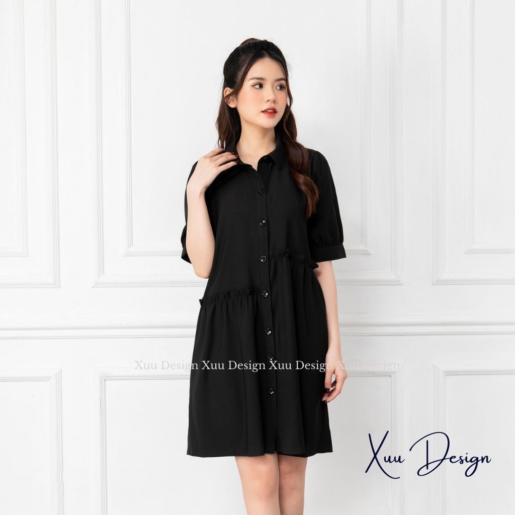 Váy babydoll cổ sơ mi dáng suông tay ngắn, đầm suông phong cách công sở nhẹ nhàng thanh lịch V02