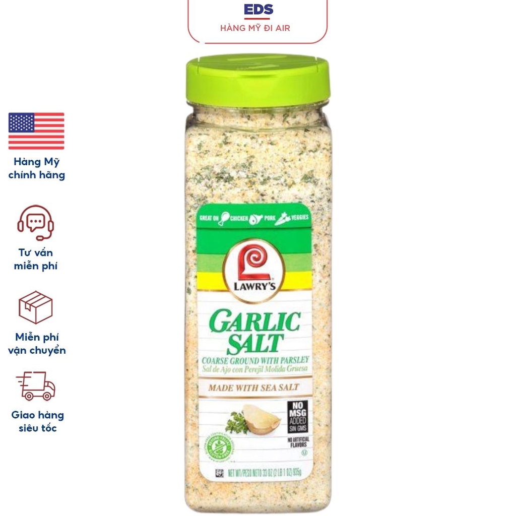 Gia vị bột tỏi muối ngò tây date 3/2025 Lawry’s Coarse Ground Garlic Salt with Parsley 935gr  - EDS Hàng Mỹ