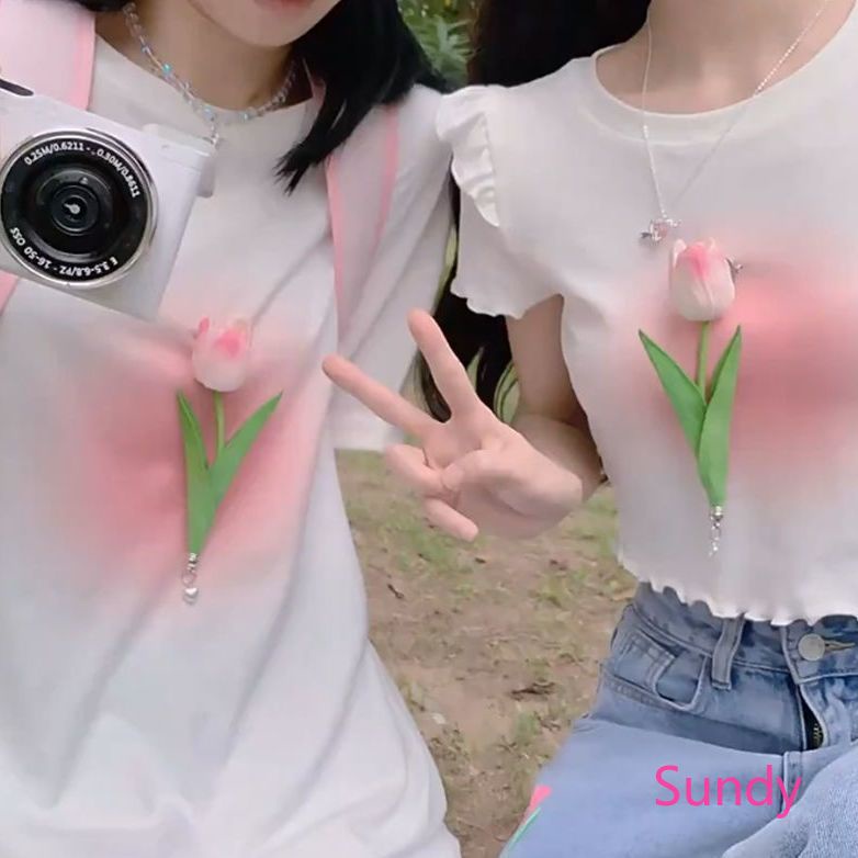 Áo Thun Cổ TròN HọA TiếT Hoa ThờI Trang Cho Nữ