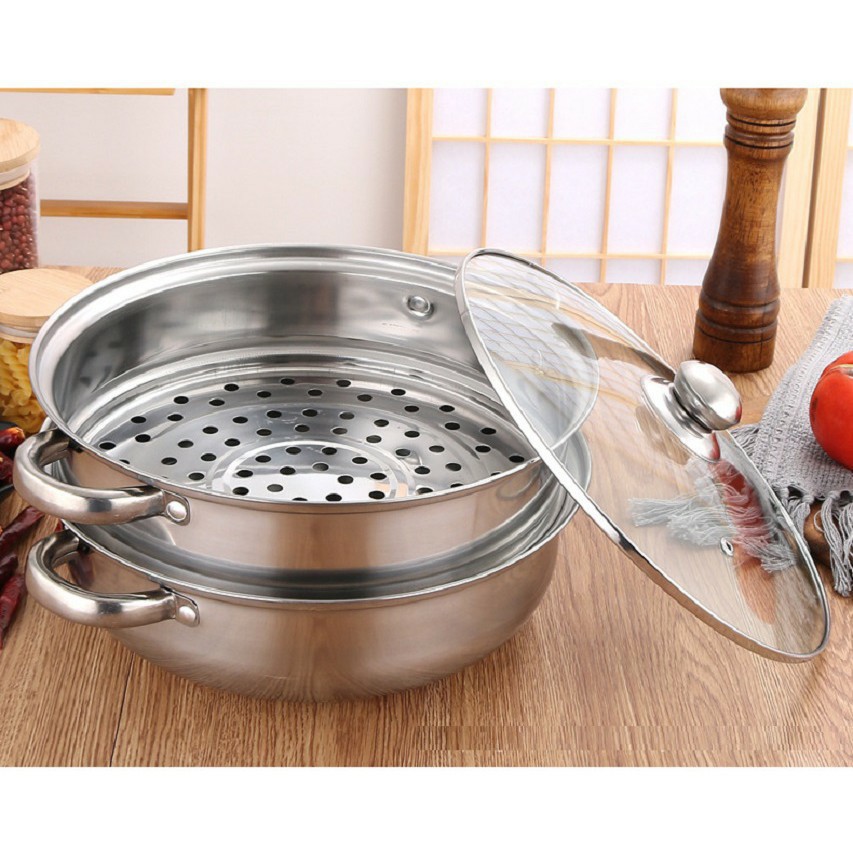 Nồi hấp 2 tầng INOX ❤Free Ship❤ có vung kính 28cm