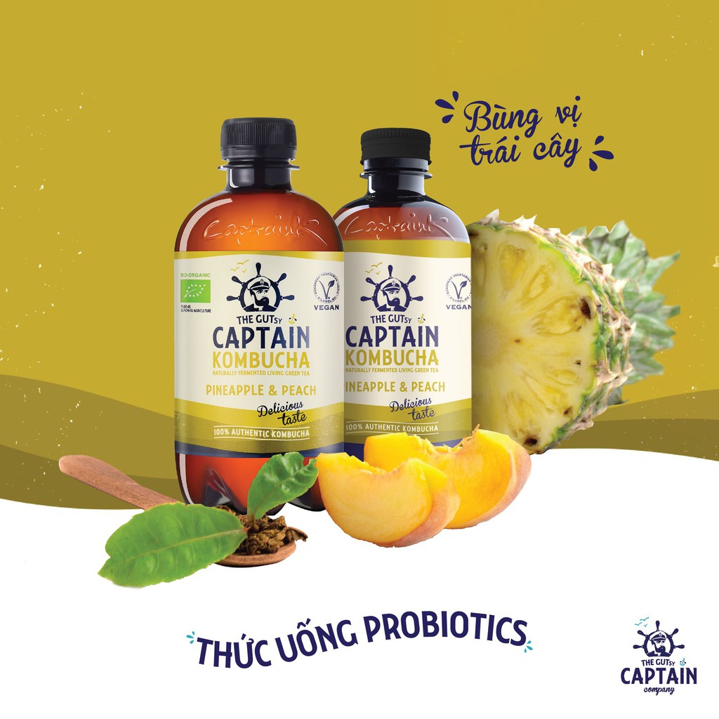 Trà KomBuCha hữu cơ Vị Đào Dứa Captain Kombucha Pineapple &amp; Peach