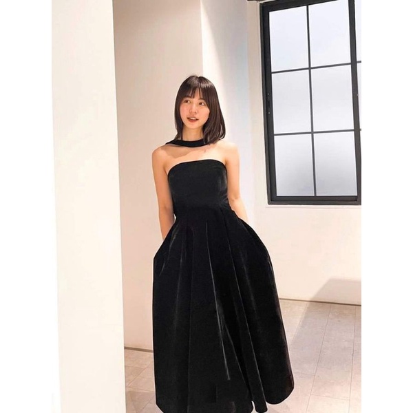 Đầm dự tiệc dáng xòe dây cổ nơ lưng vải nhung Kana Dress