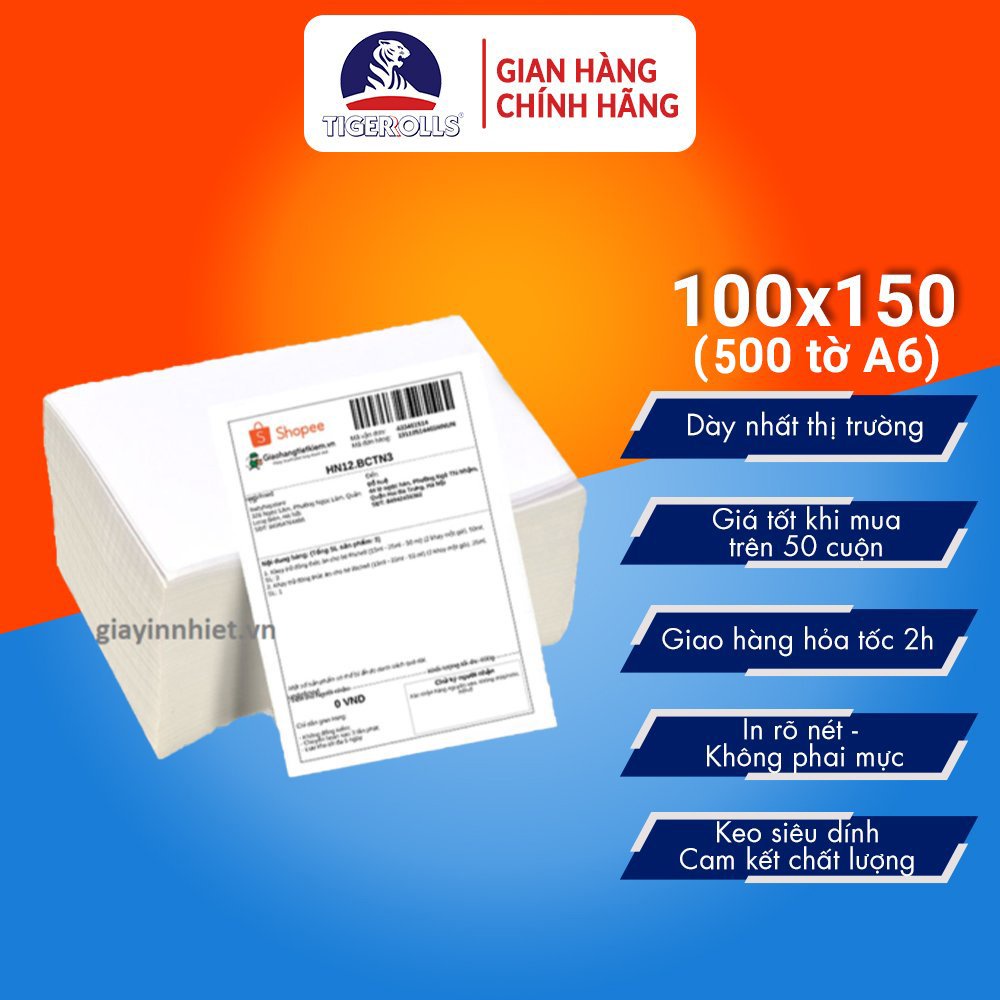Giấy in nhiệt khổ A6 Tiger tự dính, chuyên dùng in đơn thương mại điện tử tệp 500 tờ - TGI002