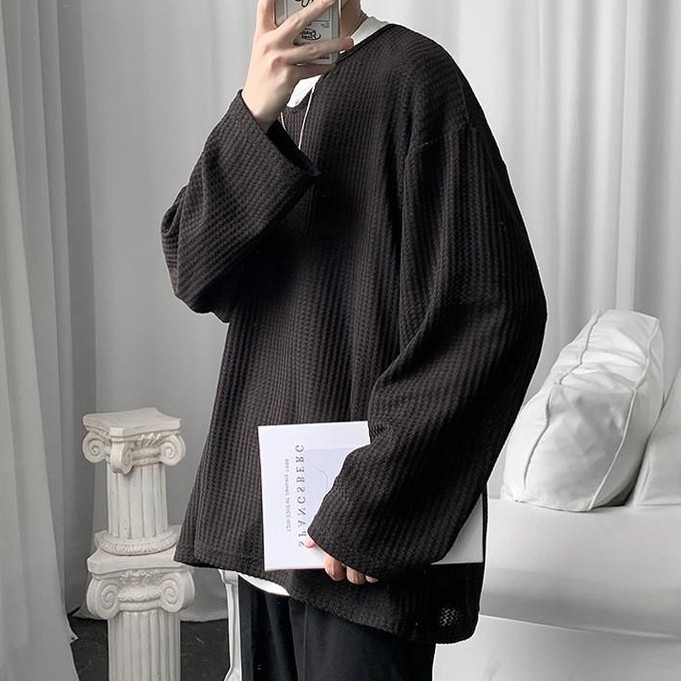 Áo thun dệt kim tay dài dáng rộng thời trang xuân thu phong cách Hong Kong dành cho nam nữ