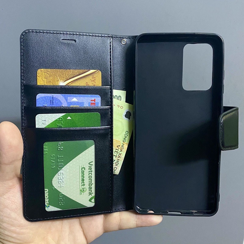 Bao da dạng ví Oppo Reno 6, Oppo Reno 6z 5G hiệu Hanman cao cấp có nắp gập, ngăn đựng thẻ ATM tiền tiện lợi