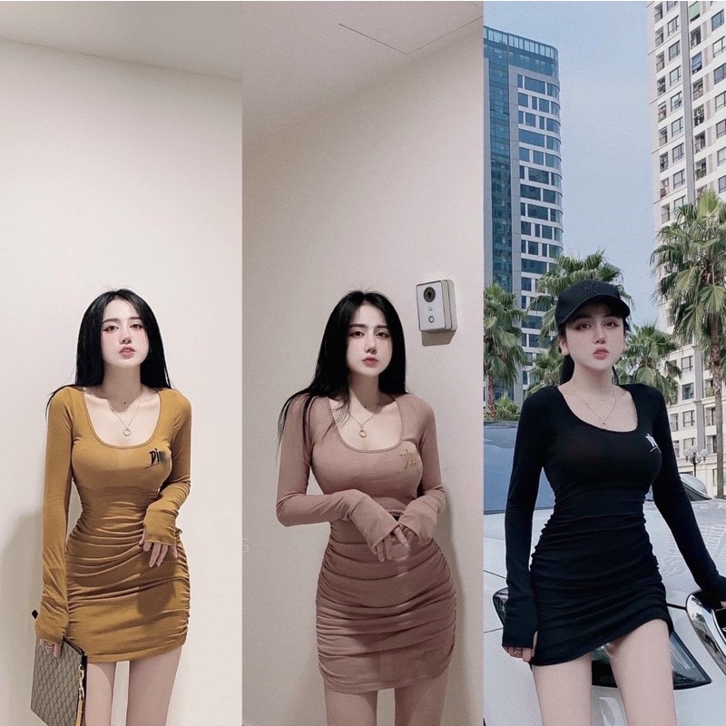 Đầm body tay dài cổ u thêu chữ