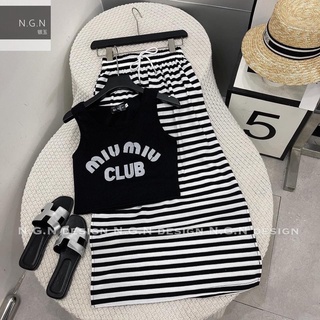 Bộ Miu chân váy dáng dài kẻ ngang cho bé gái