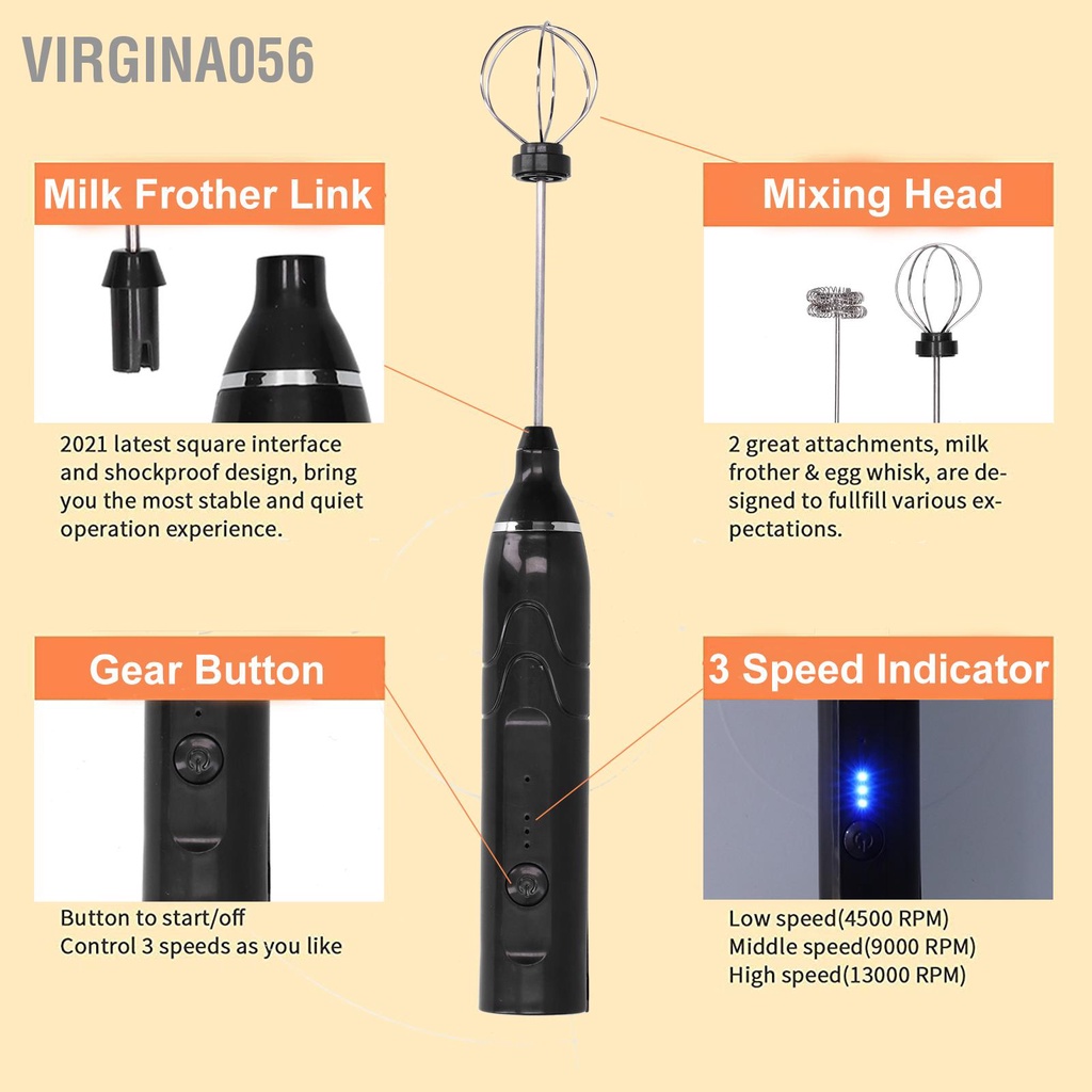 Virgina056 Máy đánh sữa đa chức năng 3Gear trộn bằng điện HandHeld tạo bọt Sạc qua USB