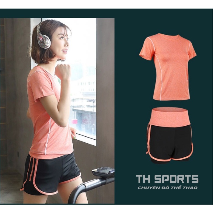 Bộ quần áo tập gym yoga nữ áo tay ngắn quần đùi 2 lớp TH SPORT (Áo Cam Quần Cam)
