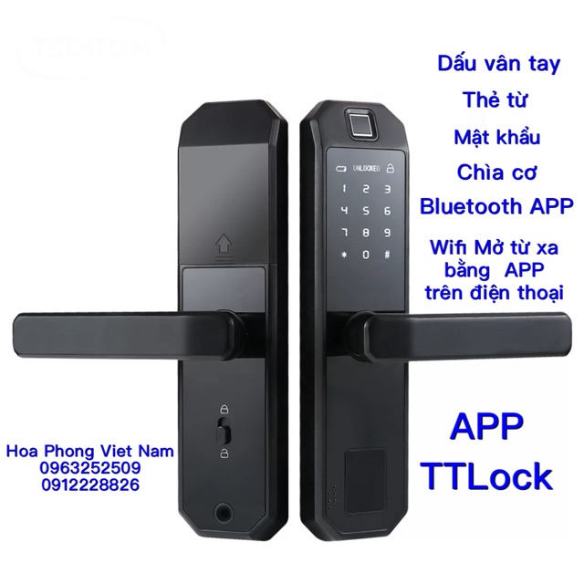 Khoá cửa vân tay thông minh APP TTLock Tiếng việt điều khiển từ xa trên điện thoại, lắp cho Cửa gỗ,Cửa thép,Cổng sắt