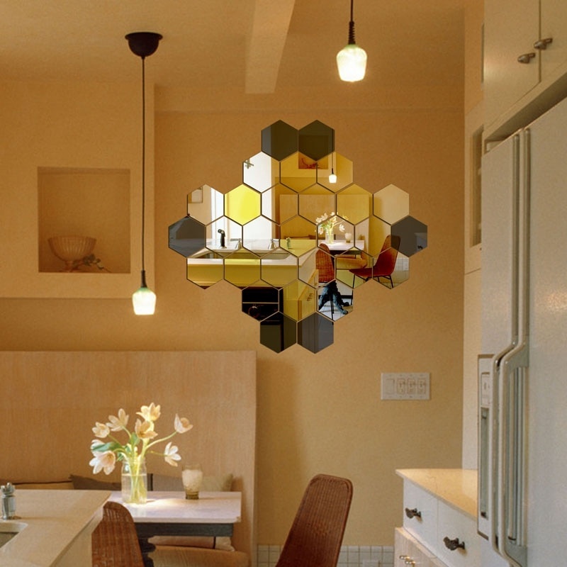 Bộ 12 Miếng Dán Tường Hình Lục Giác Tráng Gương 3D Trang Trí Nhà Cửa DIY