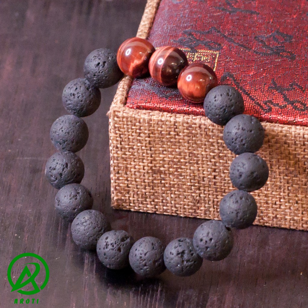 V221-12 Vòng phong thủy đá núi lửa 12 ly mix mắt hổ đỏ V221-12(GB)- Kèm Vòng Gỗ Bách Xanh