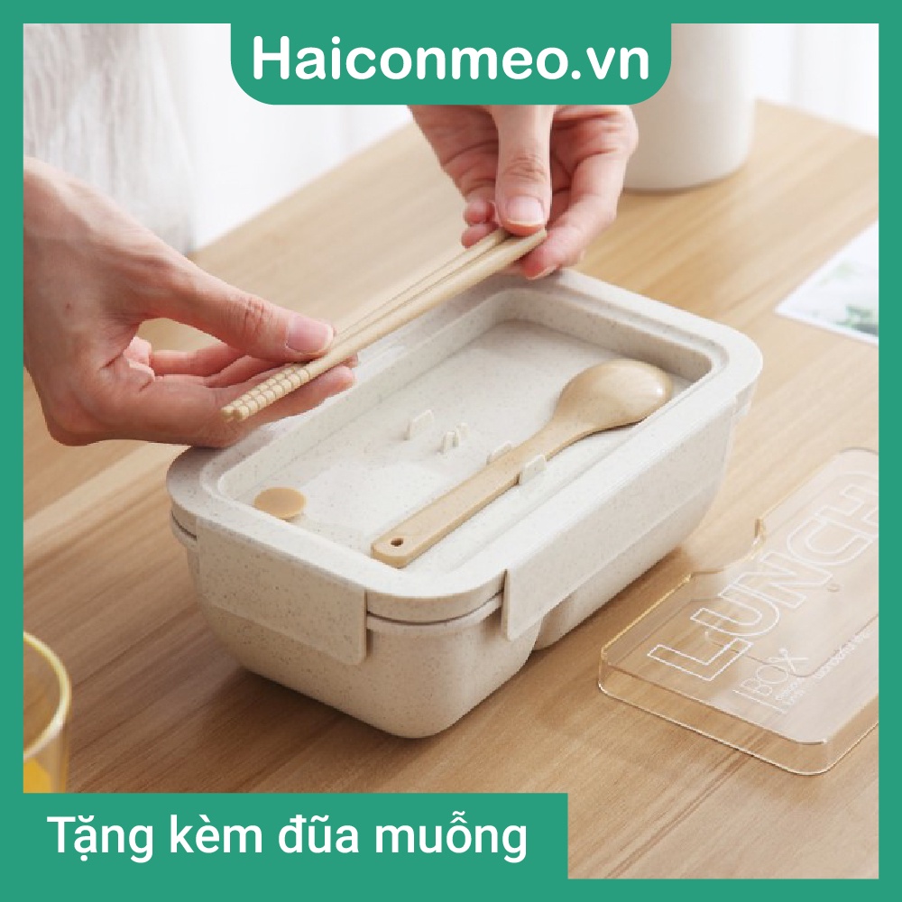Hộp Cơm Đựng cơm Lúa Mạch 2 Ngăn Lunch Box Tặng Kèm Bộ Đũa Thìa