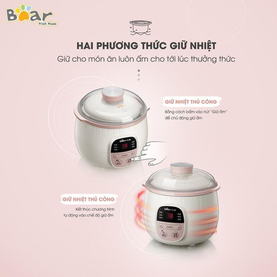 BẢO HÀNH 18 THÁNG -Nồi nấu cháo chậm Bear, nồi hầm cách thuỷ đa năng Bear 0,8L -BẢN QUỐC TẾ - Nấu cháo, Ninh, Hầm, Hấp