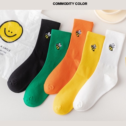 Vớ tất trơn cổ cao thêu icon chú ong Bee vàng giữa bắp chân