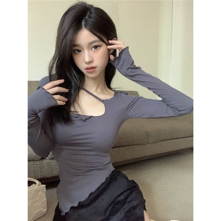 DUNEA Áo Kiểu Tay Dài Mỏng Thiết Kế Lệch Tà Thời Trang Quyến Rũ Cho Nữ