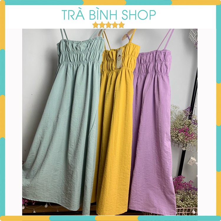 Váy Suông Dài Chun Ngực Hai Dây Đầm Đũi Xước Thoáng Mát Đi Biển