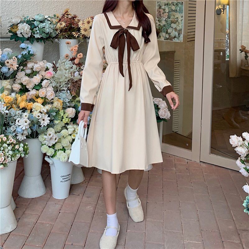 Đầm babydoll nữ đen trắng vintage, váy babydoll buộc nơ cổ emmeishop - V26