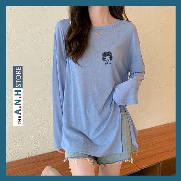 Áo thun xược tay dài xẻ tà cổ tròn nữ in hình phom rộng ANHSTORE , phom rộng phong cách Hàn Quốc