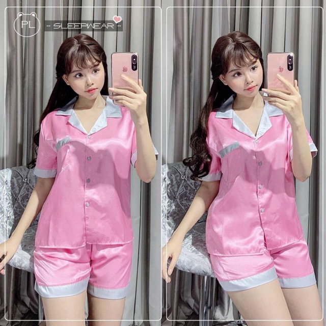 BỘ LỤA SATIN PHỐI BÈO TAY NGẮN QUẦN NGẮN