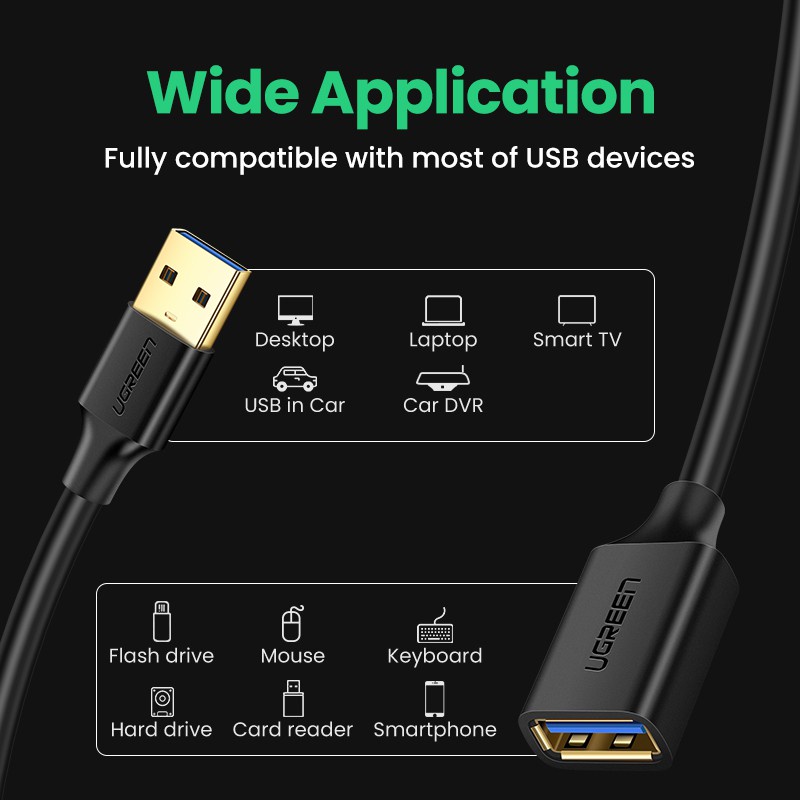 Dây nối dài USB 2.0 3.0 dài từ 1-3m UGREEN, truyền tải dữ liệu tốc độ cao, bảo hành 12 tháng