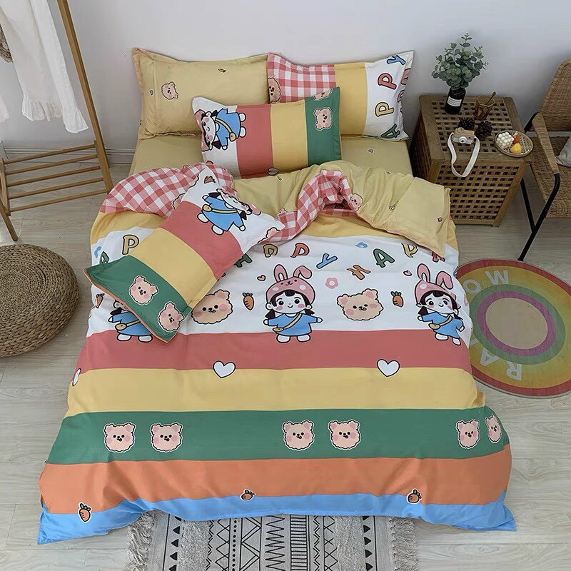 Bộ chăn ga gối , drap giường chất cotton poly họa tiết cô gái và gấu con