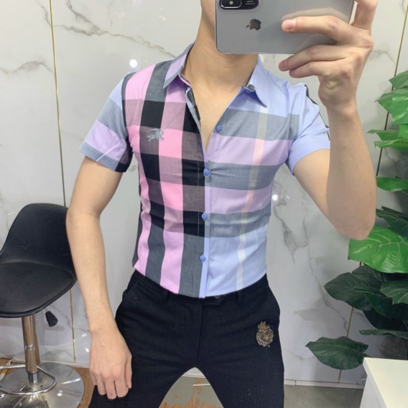 Áo sơ mi nam tay ngắn BBR kẻ nhiều màu caro chất liệu cotton thoáng mát