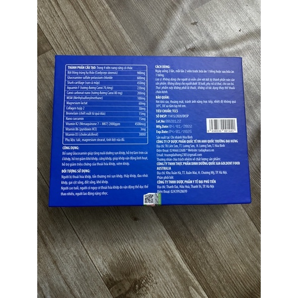 Viên uống ĐÔNG TRÙNG HẠ THẢO Sụn Cá Mập Canxi nano MK7 Hộp 2 lọ 60 viên hỗ trợ giảm đau xương khớp tăng chất nhờn khớp