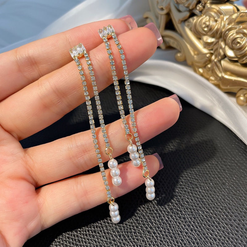 Bông Tai Mạ Bạc 925 Dáng Dài Đính Đá Phối Tua Rua Kiểu Hàn Quốc