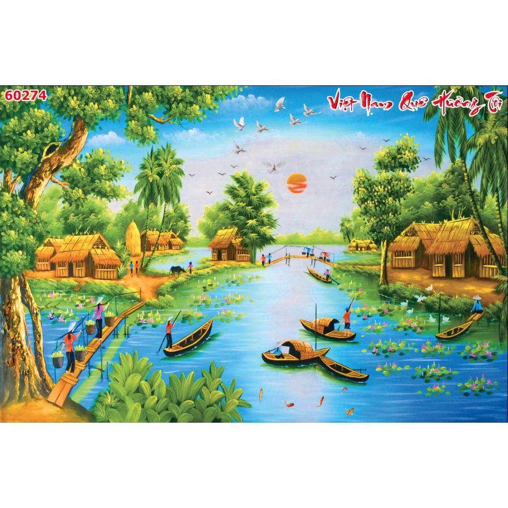 Tranh Dán tường 3D Phong Cảnh Làng Quê người dân đi mua gặt lúa, đi chợ quê, chèo thuyền trên sông, quan huyện đi tuần