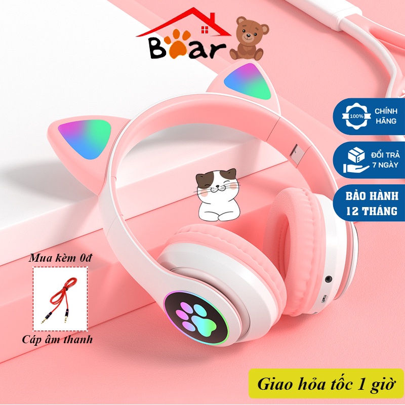 Tai nghe mèo bluetooth chụp tai STN-28 có đèn led, có micro chơi game. Headphone bluetooth tai thỏ dễ thương, học online