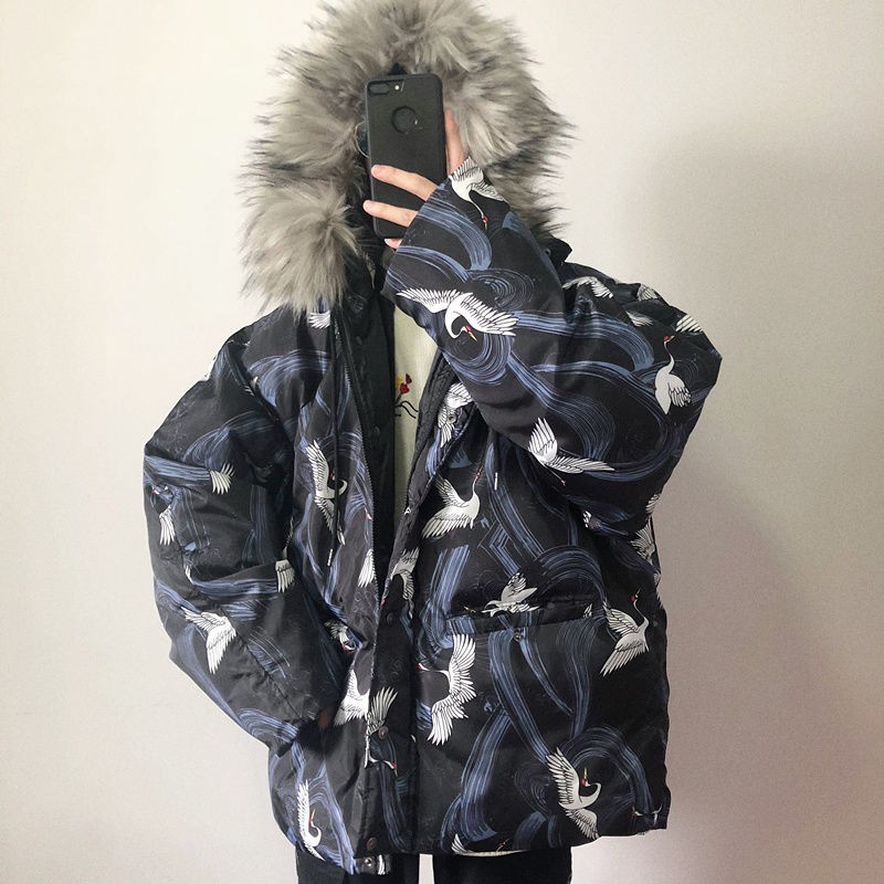 rockmagic winter Korean the same paragraph Japanese crane couple fur collar hooded padded coat for men and women | BigBuy360 - bigbuy360.vn