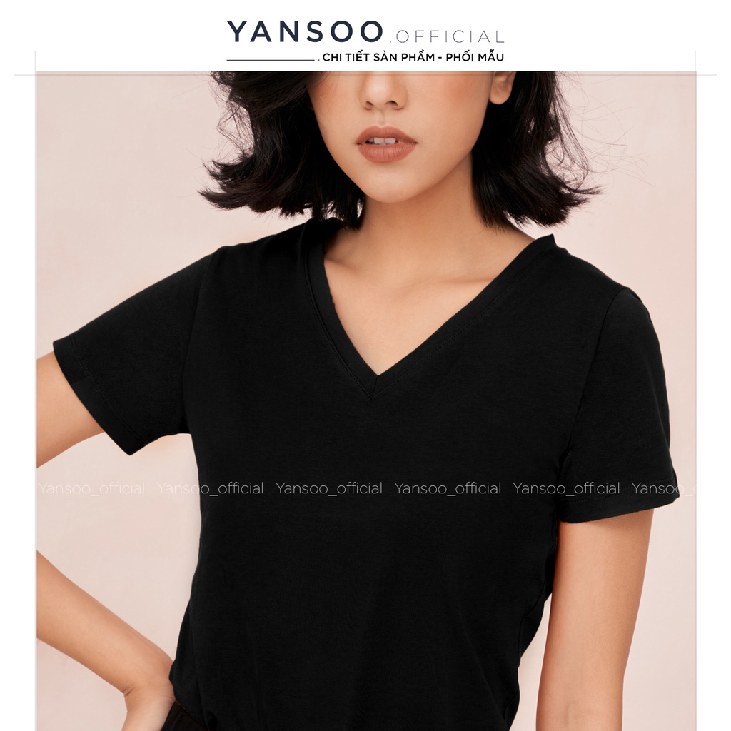 Áo phông nữ Yansoo cộc tay cổ tim chữ v thun trơn form rộng co giãn màu đen trắng cam hồng bigsize thời trang basic A18