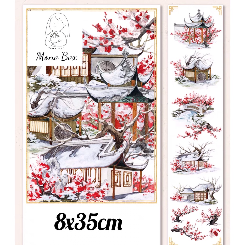 [Chiết] Washi tape 8x35cm chủ đề phong cảnh cổ phong hoa đào mùa đông, băng dán trang trí làm tranh washi Mono_box