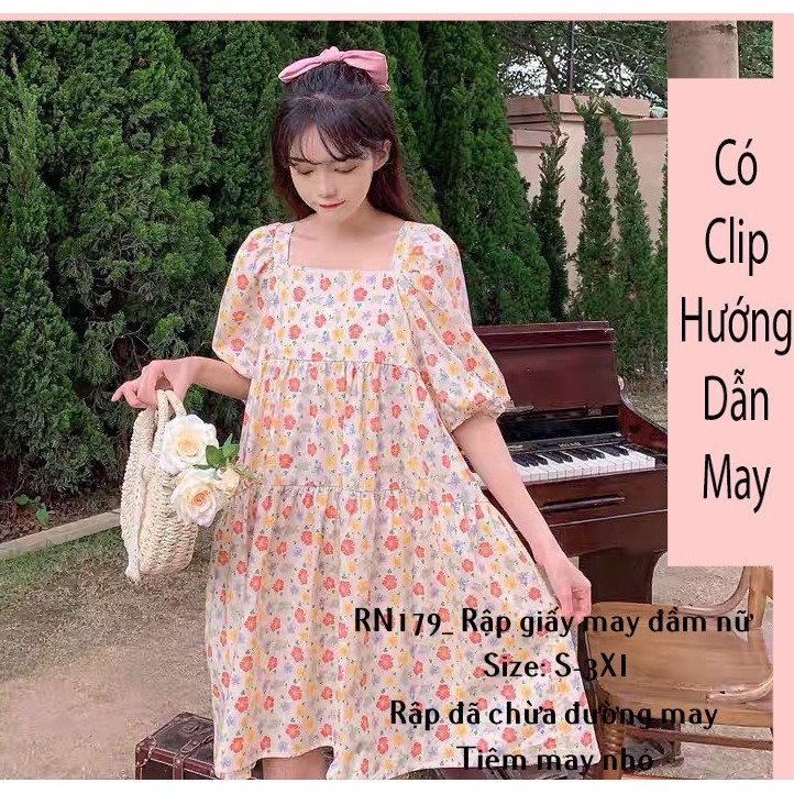 RN179_rập giấy may đầm xòe cổ vuông nữ