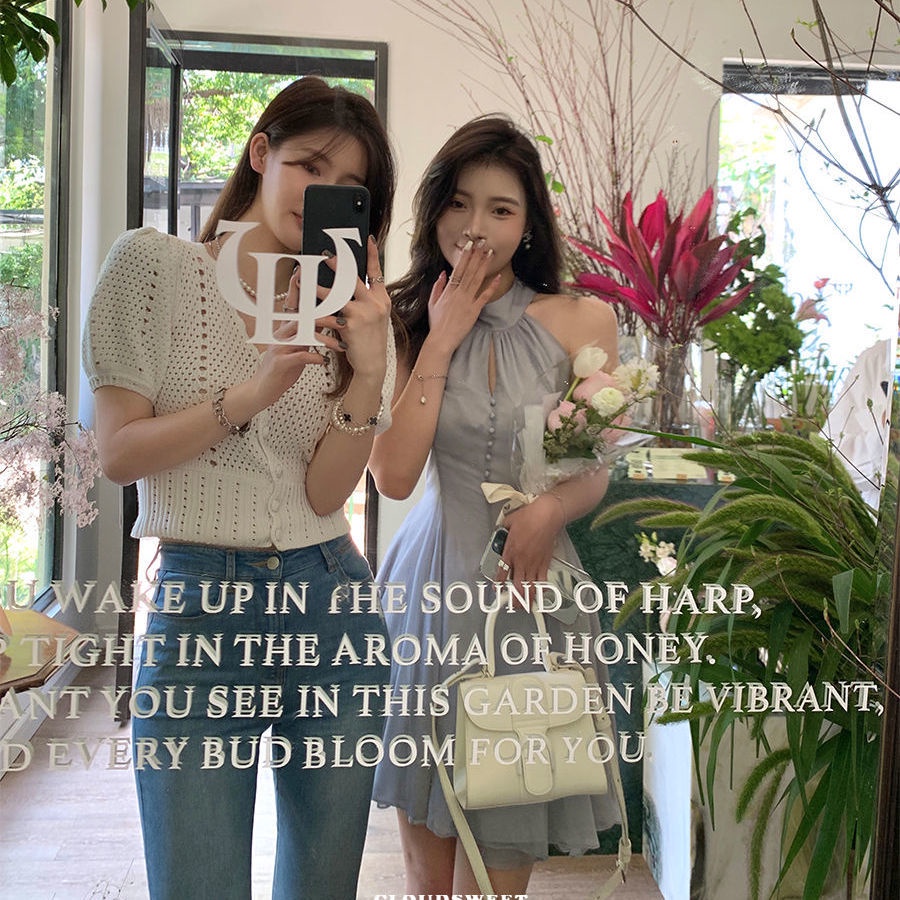Đầm dáng ngắn không tay cổ yếm phối ruy băng thời trang mùa hè sang trọng dành cho nữ